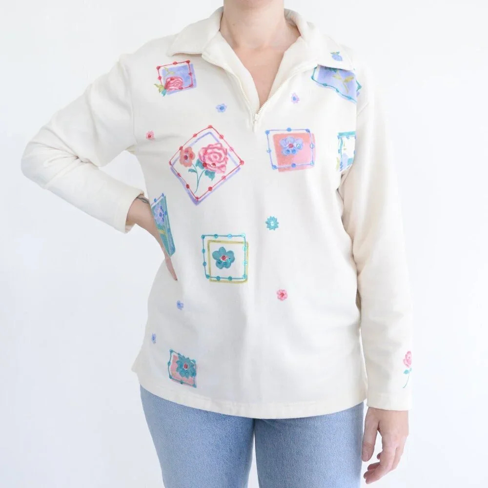 Vintage Teddi Cream Half Zip Floral & Beads Pull Over  34% Cotton Sweater S